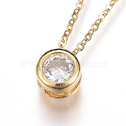 304 Stainless Steel Pendant Necklaces, with Cubic Zirconia, Flat Round, Clear, Golden, 17.7 inch(45.2cm)(NJEW-O108-29G)