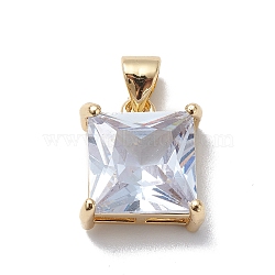 Brass Cubic Zirconia Pendants, Cadmium Free & Lead Free, Real 18K Gold Plated, Long-Lasting Plated, Square Charm, Clear, 13.5x11.5x6mm, Hole: 5x3mm(KK-E003-16G)