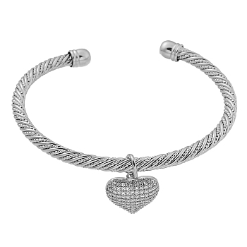 Brass Micro Pave Clear Cubic Zirconia Open Cuff Bangles, Heart Charm Bangles for Women, Platinum, Inner Diameter: 2x2-3/8 inch(5.1x6cm)