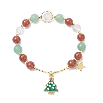 Natural Mixed Gemtone Beaded Stretch Bracelets with Alloy Enamel Christmas Tree Charms, Colorful, Inner Diameter: 2-1/4 inch(5.8cm)