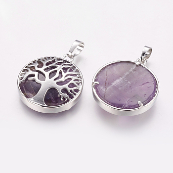 Natural Amethyst Pendants, with Brass Findings, Platinum, Flat Round with Tree, 31x27x6.5~7mm, Hole: 5x8mm