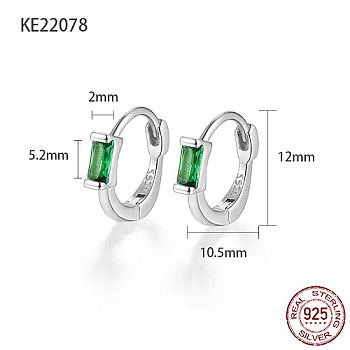 Rhodium Plated 925 Sterling Silver Pave Cubic Zirconia Rectangle Hoop Earrings for Women, with 925 Stamp, Platinum, Green, 12x2x10.5mm