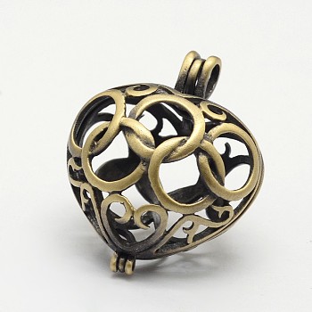Hollow Heart Brass Cage Pendants, For Chime Ball Pendant Necklaces Making, Lead Free & Cadmium Free, Antique Bronze, 29x24x17mm, Hole: 4x2mm, Inner: 17x21mm