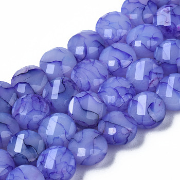 Opaque Baking Painted Crackle Glass Beads Strands, Flat Round, Faceted, Medium Slate Blue, 8x5mm, Hole: 1.2mm, about 51pcs/strand, 15.47 inch~5.67 inch(39.3cm~39.8cm)