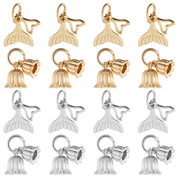 16Pcs 4 Styles Rack Plating Brass Pendants, Long-Lasting Plated, with Jump Ring, Fishtail & Flower Charms, Mixed Color, 12.5~15mm, 4pcs/tyle