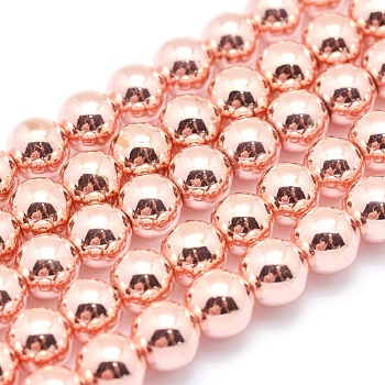 Electroplate Non-magnetic Synthetic Hematite Beads Strands, Grade AAA, Long-Lasting Plated, Round, Rose Gold Plated, 8mm, Hole: 1mm, about 53pcs/strand, 15.7 inch(40cm)