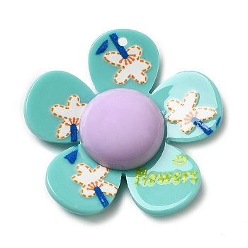 Opaque Resin & Acrylic Pendants, 5-Petal Flower Charms, Turquoise, 33x34x8mm, Hole: 1.2mm