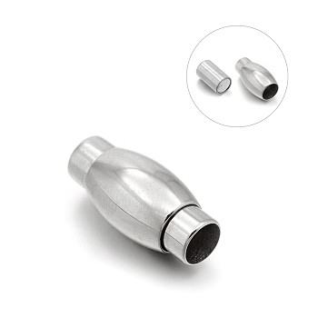 Smooth 304 Stainless Steel Barrel Magnetic Clasps with Glue-in Ends, Stainless Steel Color, 21x12.5mm, Hole: 8mm