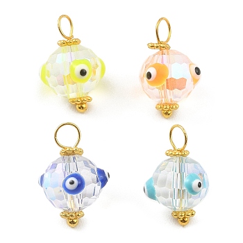 Glass Pendants, with Brass Findings and Enamel, Round with Evil Eye Charm, Mixed Color, 17x11x11mm, Hole: 3mm, 4pcs/set