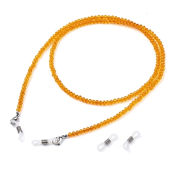 Eyeglasses Chains, Neck Strap for Eyeglasses, with Glass Beads, 304 Stainless Steel Lobster Claw Clasps, Brass Beads and Rubber Loop Ends, Orange, 27.95 inch(71cm)
