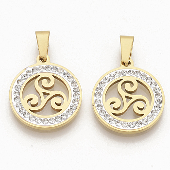 201 Stainless Steel Pendants, with Random Size Snap On Bails and Polymer Clay Crystal Rhinestones, Flat Round with Triskele/Triskelion, Golden, 23x20x2.5mm, Hole: 8~10x3~5mm