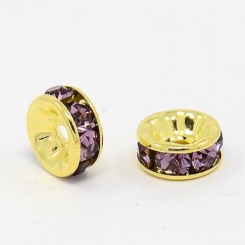 Brass Grade A Rhinestone Spacer Beads, Golden Plated, Rondelle, Nickel Free, Light Amethyst, 8x3.8mm, Hole: 1.5mm