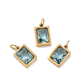 PVD Vacuum Plating 304 Stainless Steel Pendants, with Cubic Zirconia and Jump Rings, Single Stone Charms, Rectangle, Golden, Olive Drab, 11.5x8x3.5mm, Hole: 3.6mm