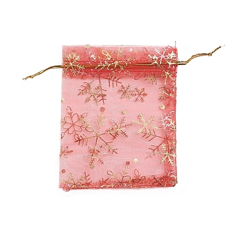 Golden Snowflake Printed Organza Packing Bags, for Festival Christmas Day, Rectangle, Red, 12x10cm