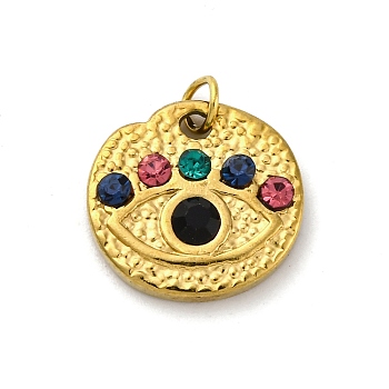 304 Stainless Steel Colorful Rhinestone Pendants, with Jump Ring, Flat Round with Eye Charm, Ion Plating(IP), Real 18K Gold Plated, 13.5x14x3mm