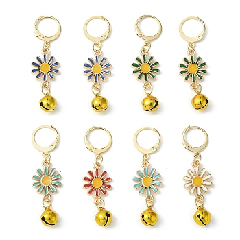 Daisy Alloy Enamel Pendants Decoraiton, with Brass Bell Charms and 304 Stainless Steel Leverback Earring Findings, Mixed Color, 45x12.5mm, 8pcs/set
