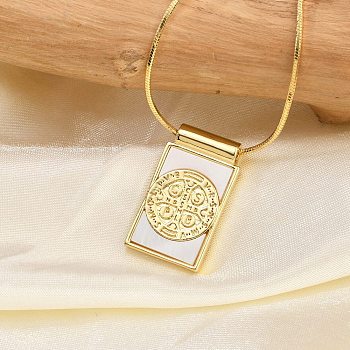 Brass Pave Shell Rectangle Saint Benedict Medal Cross Pendants Necklaces for Women, Real 18K Gold Plated, 19.21 inch(48.8cm)