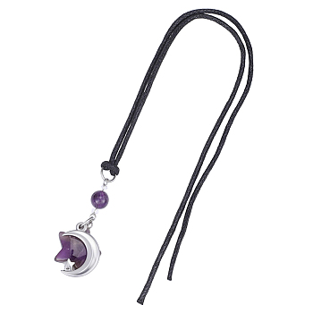 Natural Amethyst Star & 304 Stainless Steel Moon Car Hanging Pendant Decorations, with Waxed Cotton Cords, Antique Silver, 290mm