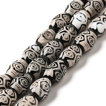 Tibetan Style dZi Beads Strands, Natural & Dyed Agate Beads, Rice, Black, 6-Eye, 13~14x9.5~10mm, Hole: 1.4mm, about 25pcs/strand, 13.58 inch(34.5cm)