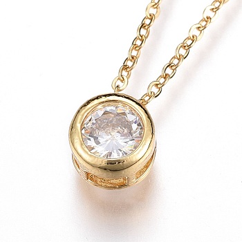 304 Stainless Steel Pendant Necklaces, with Cubic Zirconia, Flat Round, Clear, Golden, 17.7 inch(45.2cm)