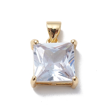 Brass Cubic Zirconia Pendants, Cadmium Free & Lead Free, Real 18K Gold Plated, Long-Lasting Plated, Square Charm, Clear, 13.5x11.5x6mm, Hole: 5x3mm