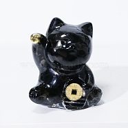 Resin Craft Display Decorations, with Obsidian Chip, Lucky Cat Figurine, for Home Feng Shui Ornament, 63x55x45mm(DJEW-PW0021-29G-11)