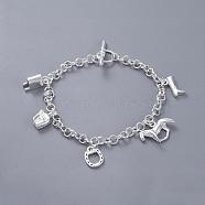 Horse Theme Brass Charm Bracelets For Women, with Toggle Clasps, Silver Color Plated, 7-7/8 inch(20cm)(BJEW-BB12480)