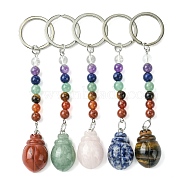 Beetle Natural Gemstone Keychain, with 7 Chakra Beads and Iron Key Rings, for Women Men Hanging Car Bag Charms, 10.9~11cm(KEYC-F040-10)