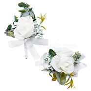 2Pcs 2 Style Silk Cloth Rose Flower Boutonniere Brooch & Wrist Corsage, for Wedding, Party Decorations, White, 95~118x67~112x45mm, 1pc/style(AJEW-CP0001-54)