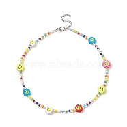 Glass Seed Bead Beaded Necklaces, Flower with Smile Face Handmade Polymer Clay Bead Necklace for Women, Colorful, 14.29 inch(36.3cm), 3~9mm(NJEW-JN04212)