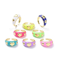 Brass Enamel Cuff Rings, Real 18K Gold Plated, Long-Lasting Plated, Heart, Mixed Color, US Size 7 3/4(17.9mm), 2.5~9.5mm(RJEW-P023-22G)