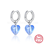 925 Sterling Silver Hoop Earrings, Lampwork Heart Drop Earrings, with 925 Stamp, Silver, 30x16mm(JN8970-1)