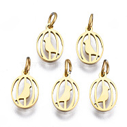316 Surgical Stainless Steel Charms, with Jump Rings, Oval with Bird, Real 14K Gold Plated, 9x6x1mm, Hole: 2.5mm, Jump Ring: 4x0.5mm, 2.5mm inner diameter(STAS-N097-052)