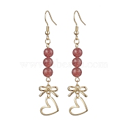 Natural Strawberry Quartz Dangle Earring, with Alloy Links Connectors and 304 Stainless Steel Earring Hooks, Heart, Golden, 67x12mm(EJEW-JE05911)