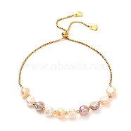 Natural Pearl Beads Adjustable Slider Bracelet for Girl Women Gift, Brass  Charms, 304 Stainless Steel Cubic Zirconia Box Chain Bracelet, Colorful, 0.79~3.23 inch(20~82mm)(X-BJEW-JB06820-02)