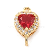 Brass Pave Cubic Zirconia Connector Charms, Heart Links, Golden, Red, 15x9x6mm, Hole: 1.2mm(KK-Z072-06G-06)