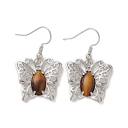 Natural Tiger Eye Butterfly Dangle Earrings for Women, Platinum Brass Jewelry for Women, Cadmium Free & Lead Free, 38mm, Pin: 0.6mm(EJEW-E283-01P-08)