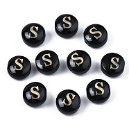 Handmade Lampwork Beads, with Golden Plated Brass Etched Metal Embellishments, Flat Round with Alphabet, Letter.S, 8x5mm, Hole: 0.8mm(LAMP-S196-001S)