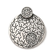 304 Stainless Steel Pendants, with Clear Cubic Zirconia, Textured, Flat Round Charm, Antique Silver, 34.5x29.5x8mm, Hole: 5.5x4.5mm(STAS-U001-05AS)