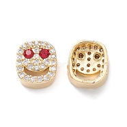 Brass Micro Pave Cubic Zirconia Beads, Lead Free & Cadmium Free, Long-Lasting Plated, Real 18K Gold Plated, Oval with Smiling Face, Crimson, 9x8x4mm, Hole: 1mm(KK-M241-01G)