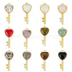 HOBBIESAY 12Pcs 12 Style Natural & Synthetic Gemstone Pendants, with Light Gold Plated Brass Findings, Mixed Dyed and Undyed, Key with Heart Charm, 38x17x6.5~7mm, Hole: 1.8mm, 1pc/style(G-HY0001-09)