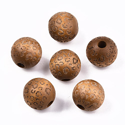 Painted Natural Wood Beads, Laser Engraved Pattern, Round with Leopard Print, Saddle Brown, 15~16x15mm, Hole: 4mm(WOOD-T021-53B-09)