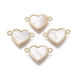 Brass Links, with Freshwater Shell, Nickel Free, Heart, Real 18k Gold Plated, Seashell Color, 10x17x3mm, Hole: 1.2mm(X-KK-R134-046-NF)