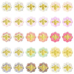 60Pcs 12 Colors Transparent Spray Painted Glass Beads, with Glitter Powder and Golden Plated Brass Findings, Flower with Bees, Mixed Color, 12x12x5mm, Hole: 1mm, 5Pcs/color(GLAA-CJ0001-85)