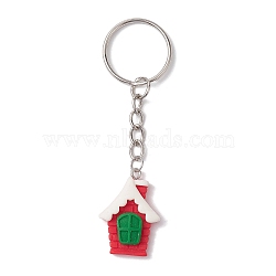 Christmas Resin Kechain, with Iron Split Key Rings, House, Platinum, 8.6cm(KEYC-JKC00875)