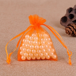 Organza Jewellery Storage Pouches, Wedding Favour Party Mesh Drawstring Gift Bags, Rectangle, Orange, 9x7cm(PW-WG76141-26)