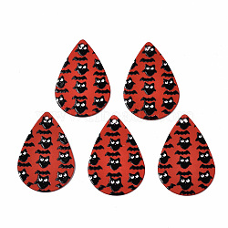 Spray Painted Iron Pendants, Rubberized Style, 3D Printed,  Halloween Owl and Bat Print Pattern, Teardrop, FireBrick, 27.5x18x0.5mm, Hole: 1.2mm(IFIN-T016-75)