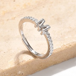 S925 Sterling Silver Adjustable Letter Rings for Women, with Micro Pave Cubic Zirconia, Letter M, 2mm,US Size 5 1/2(16.1mm), Letter: 4.5x5.5mm(RJEW-M068-01P-M)