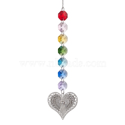 Glass Octagon Beaded Hanging Ornaments, Brass Charm for Home Outdoor Decoration, Heart, 275mm(HJEW-JM01760-02)