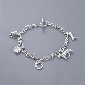 Horse Theme Brass Charm Bracelets For Women, with Toggle Clasps, Silver Color Plated, 7-7/8 inch(20cm)